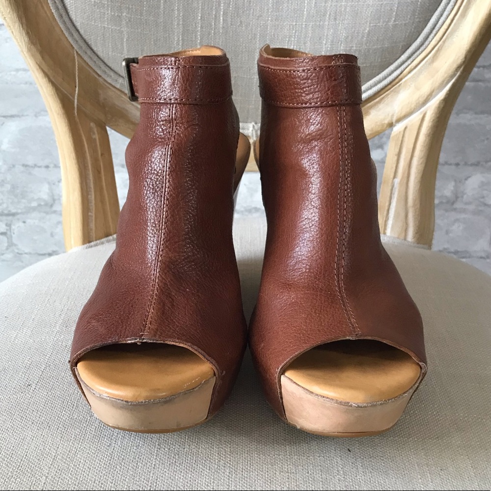 Kork-Ease Cognac Leather Peep-Toe Wedge Booties